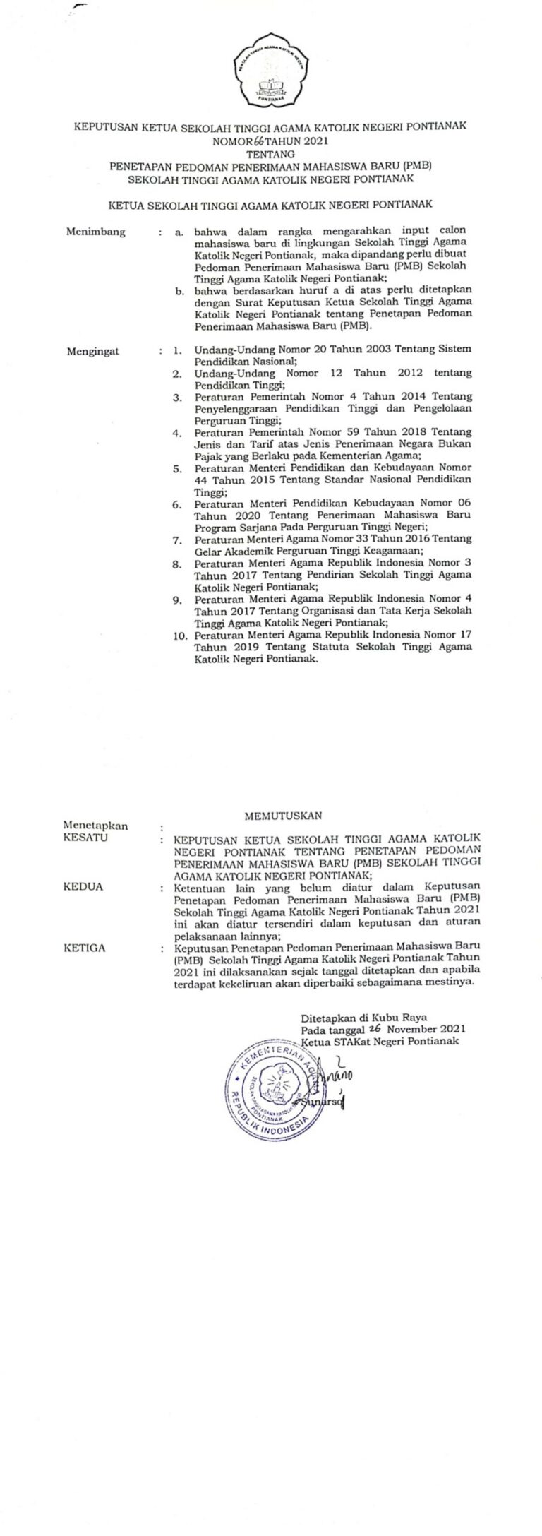 Pedoman Penerimaan Mahasiswa Baru (PMB) Sekolah Tinggi Agama Katolik Negeri Pontianak